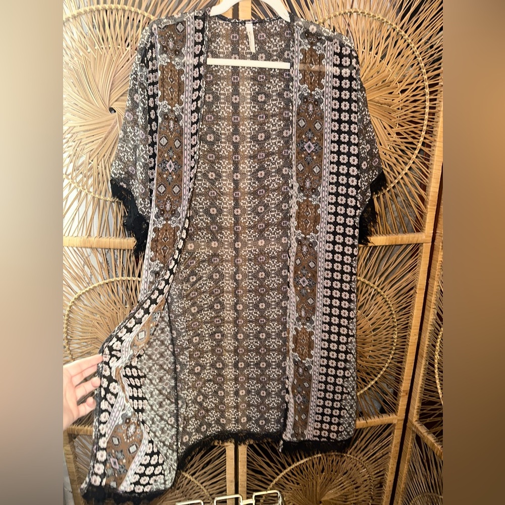 Boho Printed Kimono Cardigan in Black and Brown